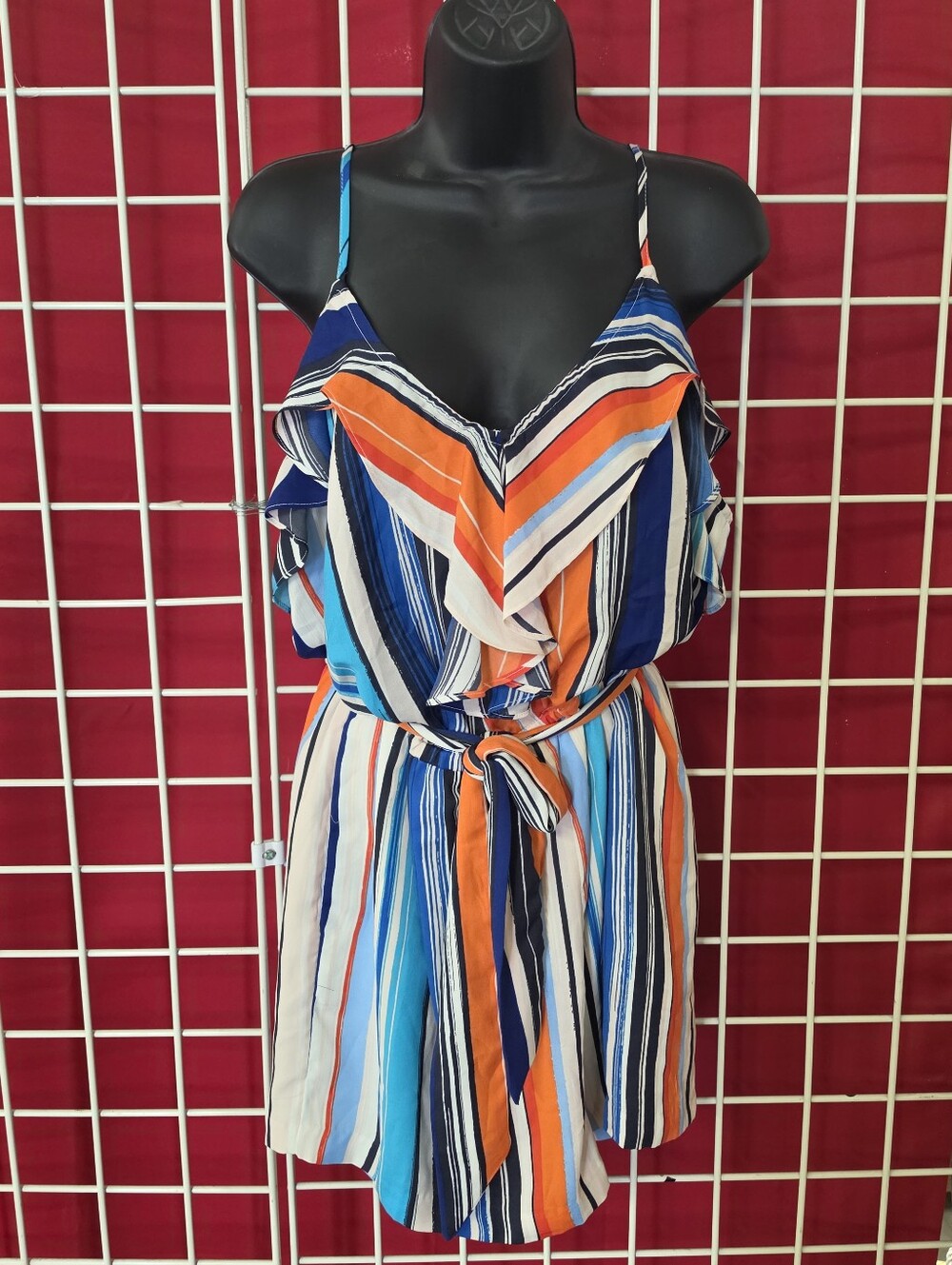 Jennifer Lopez Multicolor Striped Ruffle Mini Dress - Blue & Orange